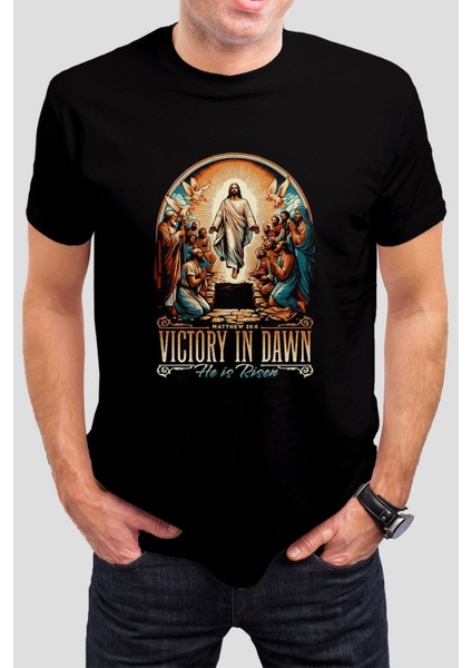Victory In Dawn Baskılı Siyah Tişört C935