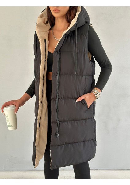 Çift Taraflı Kapüşonlu Uzun Şişme Yelek fiyatları