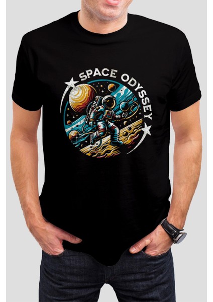 Astronot Baskılı Siyah Tişört C937