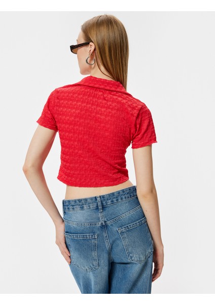 Crop Polo Yaka T-Shirt Önden Büzgülü Bağlamalı Dokulu