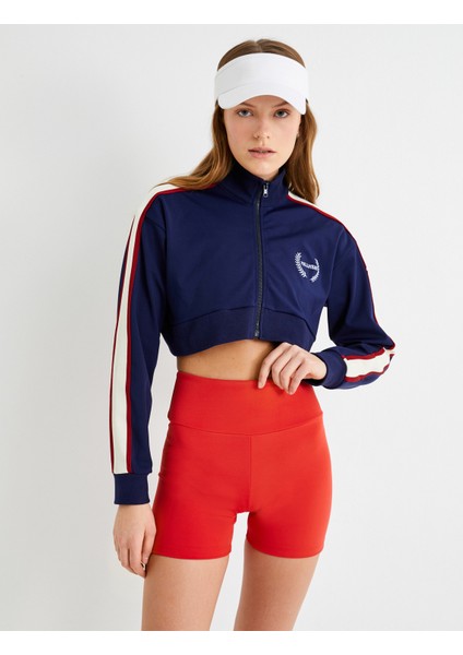 Fermuarlı Crop Sweatshirt Dik Yaka Çizgili Renk Bloklu