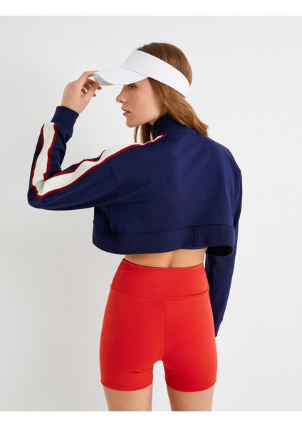 Fermuarlı Crop Sweatshirt Dik Yaka Çizgili Renk Bloklu