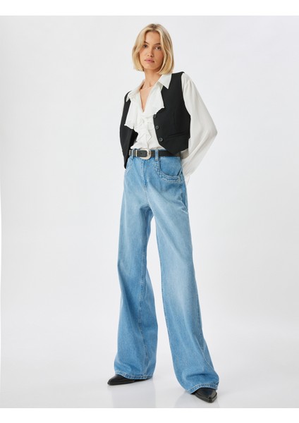 Bol Paça Kot Pantolon Normal Bel Düğmeli Pamuklu - Loose Straight Fit Jean