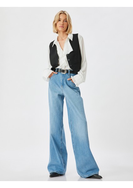 Bol Paça Kot Pantolon Normal Bel Düğmeli Pamuklu - Loose Straight Fit Jean fiyatları