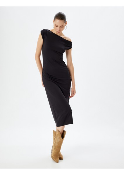 Midi Slip Elbise Asimetrik Yaka Drapeli Kolsuz Slim Fit