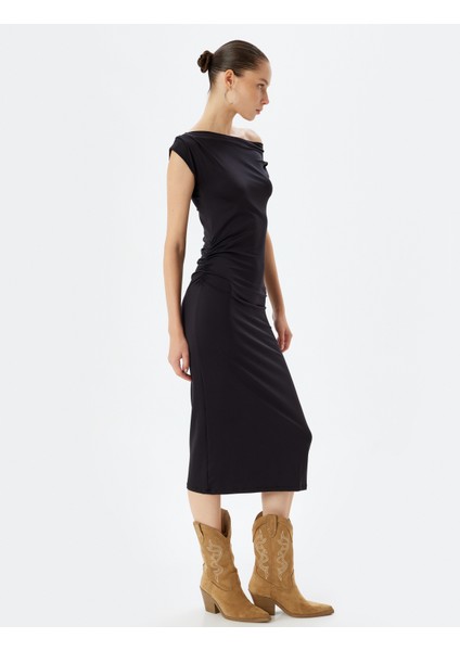 Midi Slip Elbise Asimetrik Yaka Drapeli Kolsuz Slim Fit