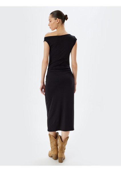 Midi Slip Elbise Asimetrik Yaka Drapeli Kolsuz Slim Fit