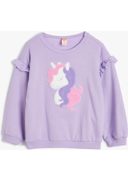 Sweatshirt Unicorn Aplikeli Fırfır Detaylı Pamuklu Şardonlu