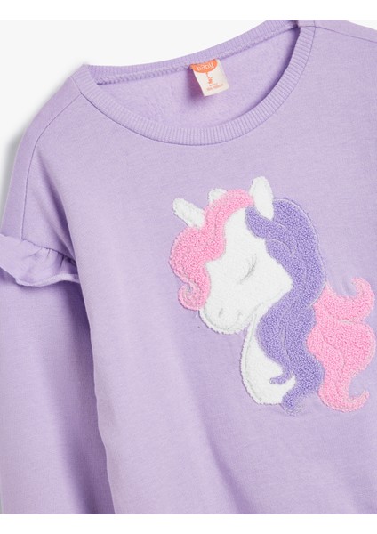 Sweatshirt Unicorn Aplikeli Fırfır Detaylı Pamuklu Şardonlu