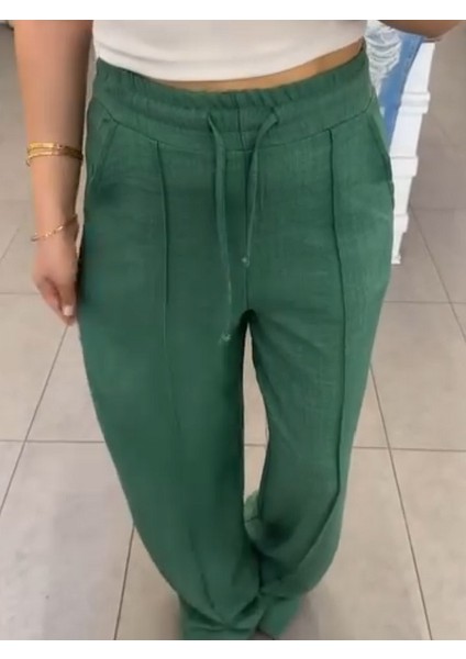 Önü Çimalı Keten Pantolon
