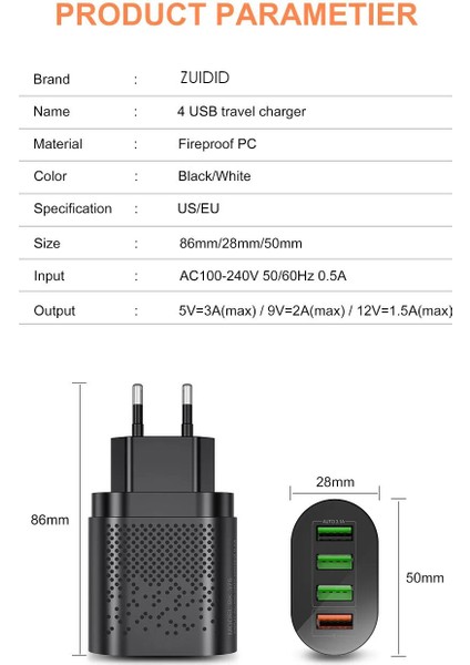 48 W 3 Amper 4 USB Portlu Hızlı Şarj Cihaz - Çoklu Şarj + 3 A Hızlı Şarj Kablosu - Micro USB