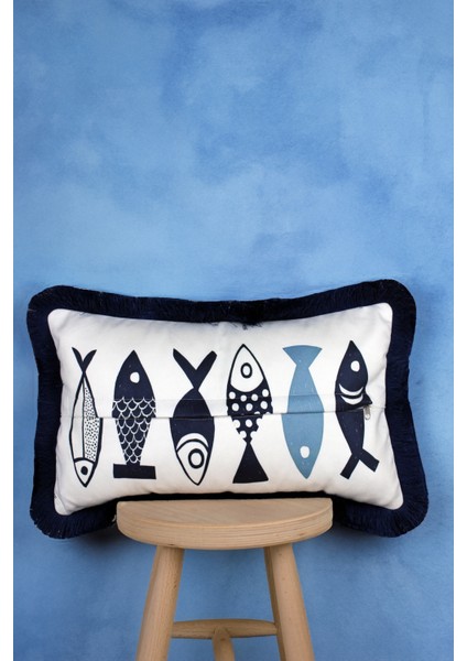 Lacivert Püsküllü,Balık Desen, Dekoratif 30x50 Cm Dikdörtgen Kırlent Kılıfı