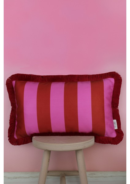 Kırmızı Püsküllü, Pembe-Kırmızı Şerit Desen, Dekoratif 30x50 Cm Dikdörtgen Kırlent Kılıfı