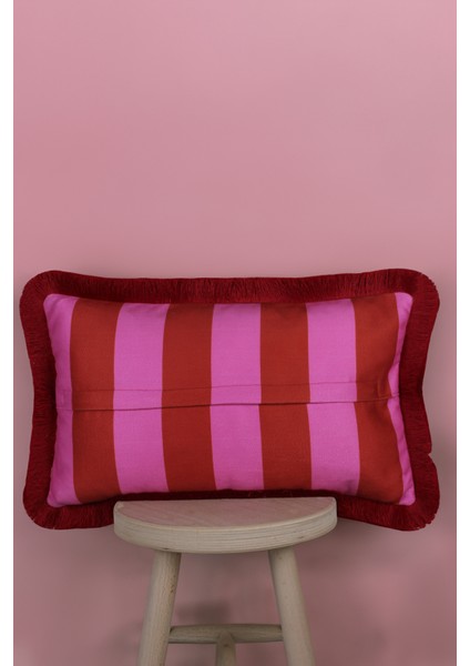 Kırmızı Püsküllü, Pembe-Kırmızı Şerit Desen, Dekoratif 30x50 Cm Dikdörtgen Kırlent Kılıfı