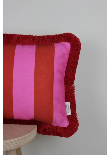 Kırmızı Püsküllü, Pembe-Kırmızı Şerit Desen, Dekoratif 30x50 Cm Dikdörtgen Kırlent Kılıfı