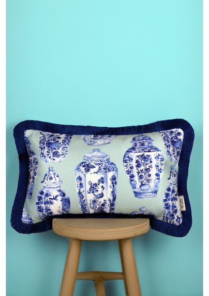 Saks Püsküllü, Çini Vazo Desen(Mint), Dekoratif 30x50 Cm Dikdörtgen Kırlent Kılıfı