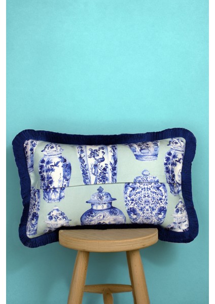 Saks Püsküllü, Çini Vazo Desen(Mint), Dekoratif 30x50 Cm Dikdörtgen Kırlent Kılıfı