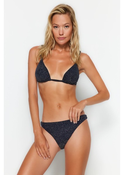 Moda Düz Atma Kap Üçgen Normal Bel Slip Lacivert Üçgen Simli Regular Bikini Takımı