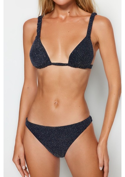 Moda Düz Atma Kap Üçgen Normal Bel Slip Lacivert Üçgen Simli Regular Bikini Takımı