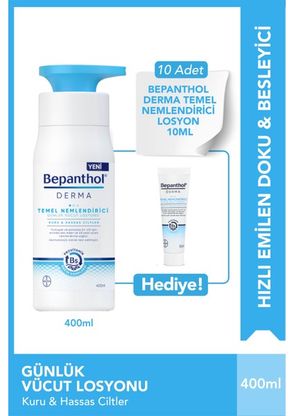 Derma Temel Nemlendirici 400 ml Losyon & 10 adet Günlük Vücut Bakım Losyonu 10 ml