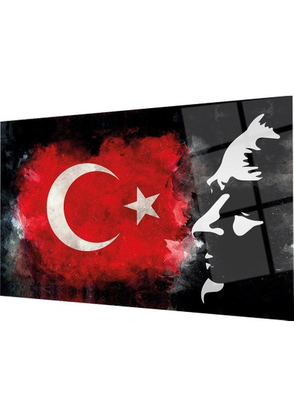 Atatürk Bayrak Atatürk Silüetli Gölgeli Siyah Fonlu Cam Tablo 4mm Dayanıklı Temperli Cam Atatürk Flag Atatürk Silhouette Shadowless Black Background Glass Wall Art fiyatları