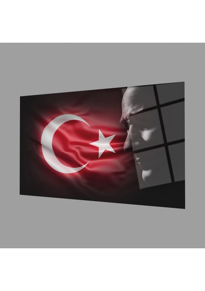Atatürk Bayrak Atatürk Silüetli Gölgesiz Siyah Fonlu Cam Tablo 4mm Dayanıklı Temperli Cam Atatürk Flag Atatürk Silhouette Shadowless Black Background Glass Wall Art