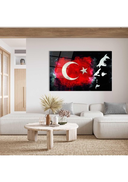 Atatürk Bayrak Atatürk Silüetli Gölgeli Siyah Fonlu Cam Tablo 4mm Dayanıklı Temperli Cam Atatürk Flag Atatürk Silhouette Shadowless Black Background Glass Wall Art modelleri
