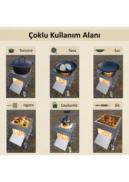 Taşınabilir Çok Fonksiyonlu Çantalı Şiş Bölmeli Izgaralı Portatif Çelik Kamp Sobası