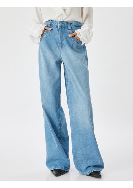 Bol Paça Kot Pantolon Normal Bel Düğmeli Pamuklu - Loose Straight Fit Jean modelleri