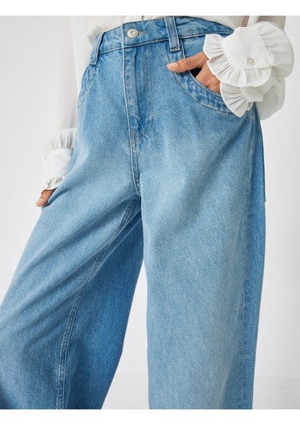 Bol Paça Kot Pantolon Normal Bel Düğmeli Pamuklu - Loose Straight Fit Jean indirimleri