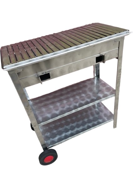 Paslanmaz Kömürlü Mangal Tekerlekli 40 x 80 cm Çift Sehpalı