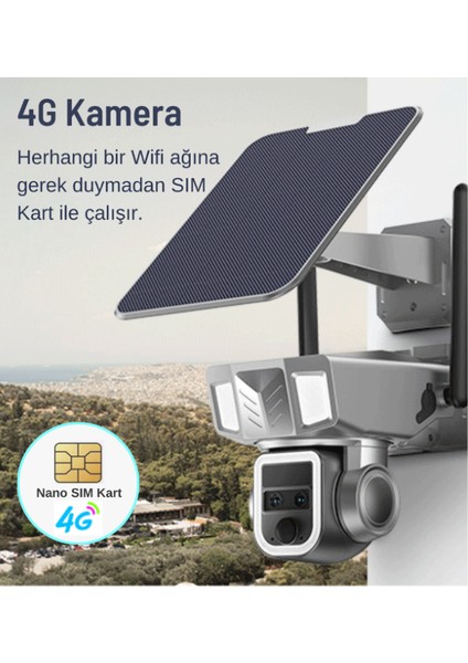 2k Çift Lensli Güçlü Güneş Panelli Sim Kartlı 4g Solar Ptz Kamera