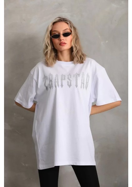 Unisex Taş Desenli Oversize T-Shirt - Beyaz