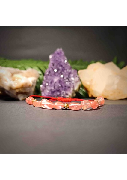 Çilek Kuvars Amorf Kesim Makrome Örgü Doğal Taş Bileklik
