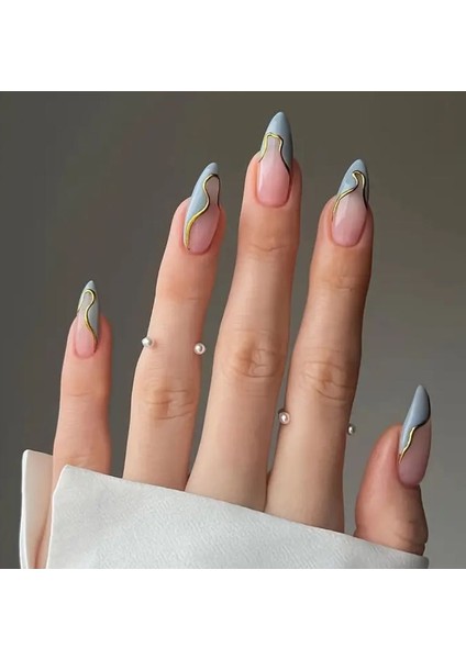 Trend Vitrin Mavi Dalga Okyanus Desenli Nail Art Oval Badem Kadın Takma Tırnak Protez Tırnak Set Yapıştırıcı ve 1 Adet Törpü Hediyeli