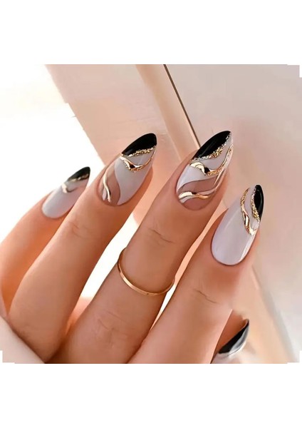 Trend Vitrin Oval Siyah Beyaz Altın Desenli Nail Art Oval Badem Kadın Takma Tırnak Protez Tırnak Set Yapıştırıcı ve 1 Adet Törpü Hediyeli