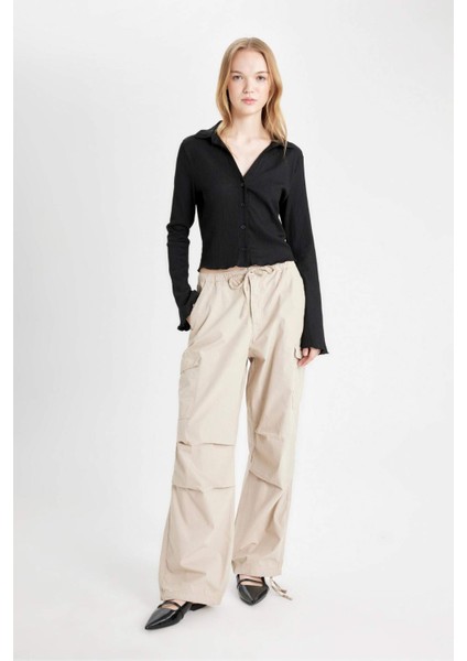 Coool Fitted Basic Düz Düğmeli Uzun Kollu Crop Siyah Gömlek A0012AX24AU