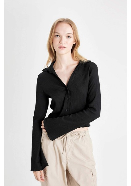 Coool Fitted Basic Düz Düğmeli Uzun Kollu Crop Siyah Gömlek A0012AX24AU