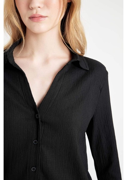 Coool Fitted Basic Düz Düğmeli Uzun Kollu Crop Siyah Gömlek A0012AX24AU