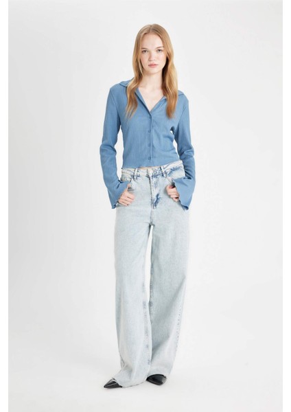Coool Fitted Basic Düz Düğmeli Uzun Kollu Crop Gömlek A0012AX24AU
