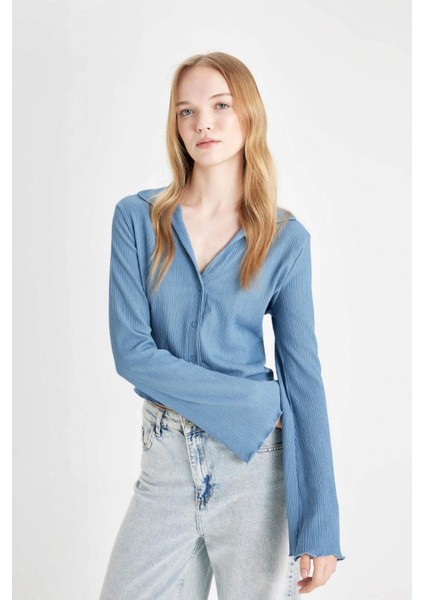 Coool Fitted Basic Düz Düğmeli Uzun Kollu Crop Gömlek A0012AX24AU