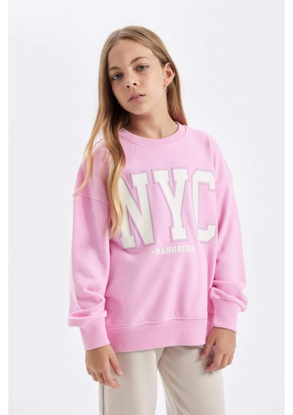 Kız Çocuk Pembe Oversize Geniş Kalıp Bisiklet Yaka Baskılı Okul Sweatshirt C7778A824AU