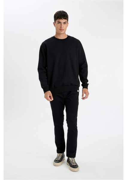 Siyah Oversize Geniş Kalıp Bisiklet Yaka Kalın Kumaş Basic Düz Sweatshirt T5139AZ24AU