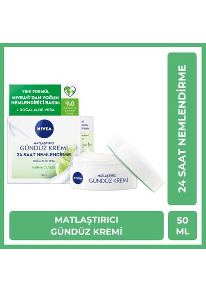 Matlaştırıcı Gündüz Yüz Bakım Kremi 50ML, 24 Saat Yoğun Nemlendirici, Karma Ciltler, Aloe Vera