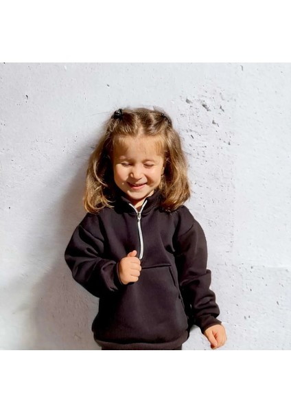 Unisex Fermuarlı Dik Yaka Kanguru Cepli Çocuk Çocuk Sweatshirt