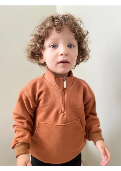Unisex Fermuarlı Dik Yaka Kanguru Cepli Çocuk Çocuk Sweatshirt