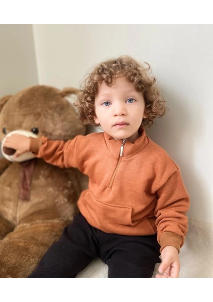 Unisex Fermuarlı Dik Yaka Kanguru Cepli Çocuk Çocuk Sweatshirt modelleri