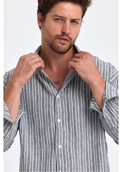 Erkek Klasik Fit Normal Kesim Uzun Kollu Pamuk Keten Doku Kol Katlamalı Çizgili Gömlek