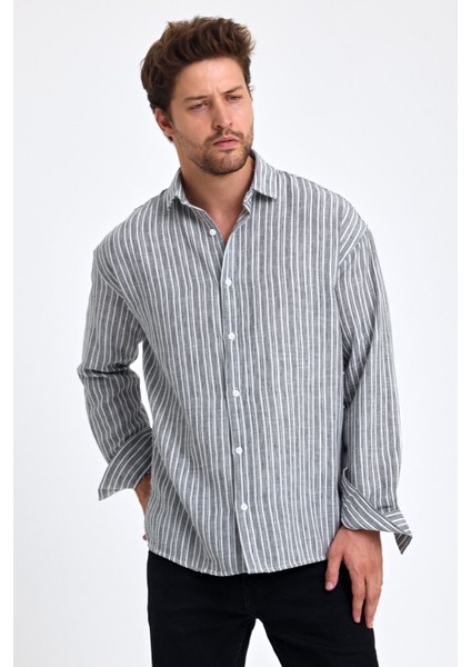Erkek Klasik Fit Normal Kesim Uzun Kollu Pamuk Keten Doku Kol Katlamalı Çizgili Gömlek modelleri