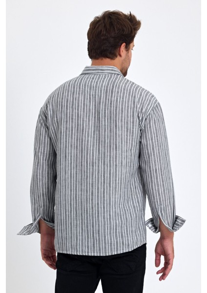 Erkek Klasik Fit Normal Kesim Uzun Kollu Pamuk Keten Doku Kol Katlamalı Çizgili Gömlek fırsatları